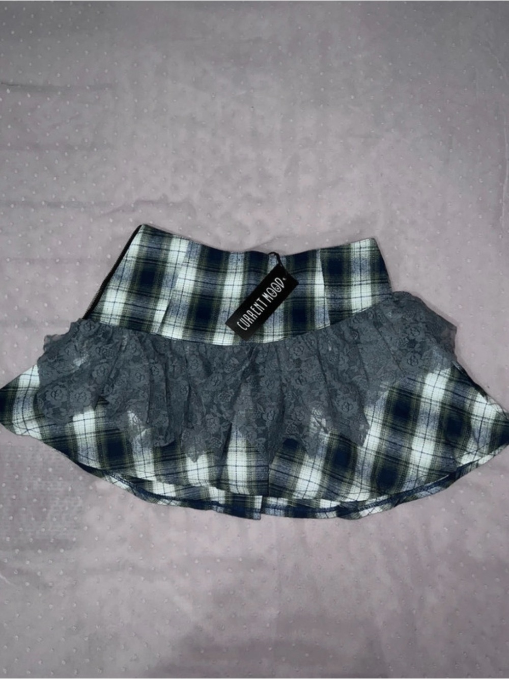 Current Mood Navy and White Plaid Mini Skirt with Gray Lace Trim